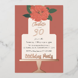 Terracotta Floral Cake Verjaardagsfeestje Zilver Folie Uitnodiging