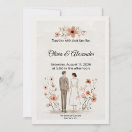 Terracotta Floral & Couple Illustration Wedding Kaart