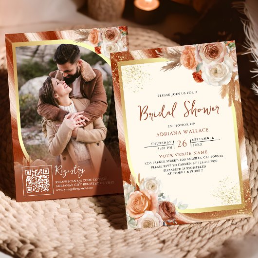 Terracotta Floral Cream Gold QR Code Vrijgezellenf Kaart