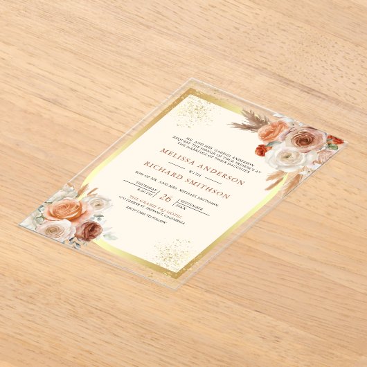 Terracotta Floral Cream Gold Wedding Acryl Uitnodigingen (Laagn)