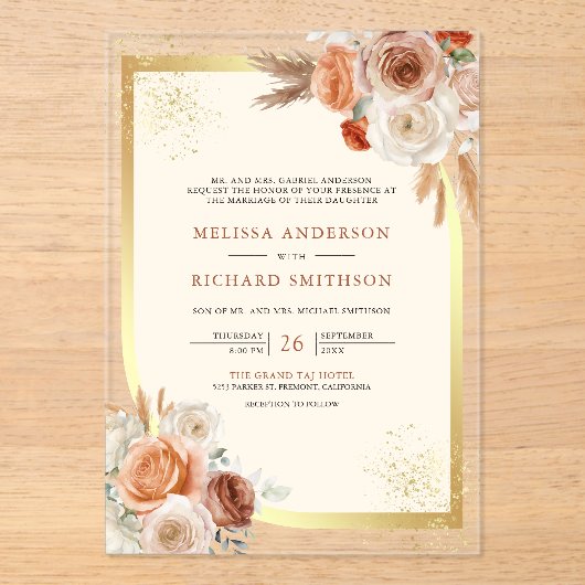 Terracotta Floral Cream Gold Wedding Acryl Uitnodigingen (Voorkant)