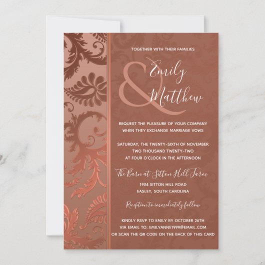 Terracotta Floral Damask Wedding Invitation Kaart (Voorkant)