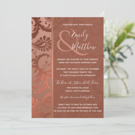 Terracotta Floral Damask Wedding Invitation Kaart (Staand voorkant)