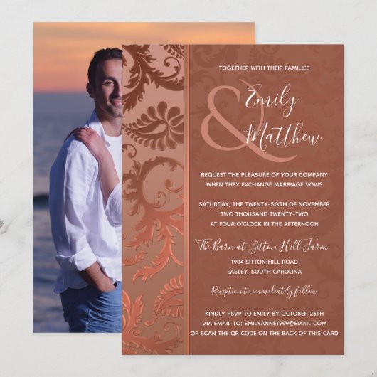 Terracotta Floral Damask Wedding Invitation Kaart (Voorkant / Achterkant)