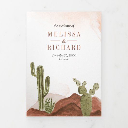 Terracotta Floral Desert Cactus QR Code Bruiloft Drieluik Uitnodiging (Cover)