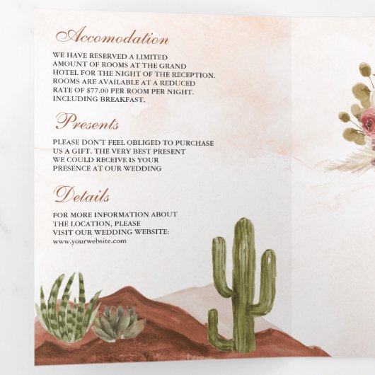 Terracotta Floral Desert Cactus QR Code Bruiloft Drieluik Uitnodiging (Binnenzijde eerst)