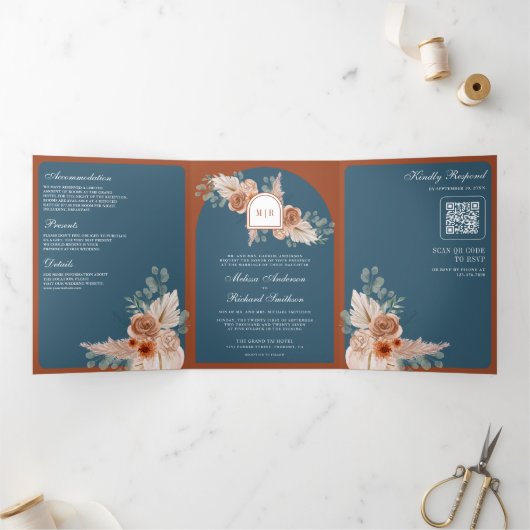 Terracotta Floral Dusty Blue QR Code Wedding Drieluik Uitnodiging (Binnen)