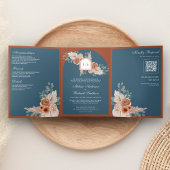 Terracotta Floral Dusty Blue QR Code Wedding Drieluik Uitnodiging