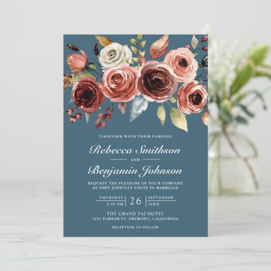 Terracotta Floral Dusty Blue QR Code Wedding Kaart (Staand voorkant)