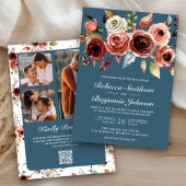 Terracotta Floral Dusty Blue QR Code Wedding Kaart