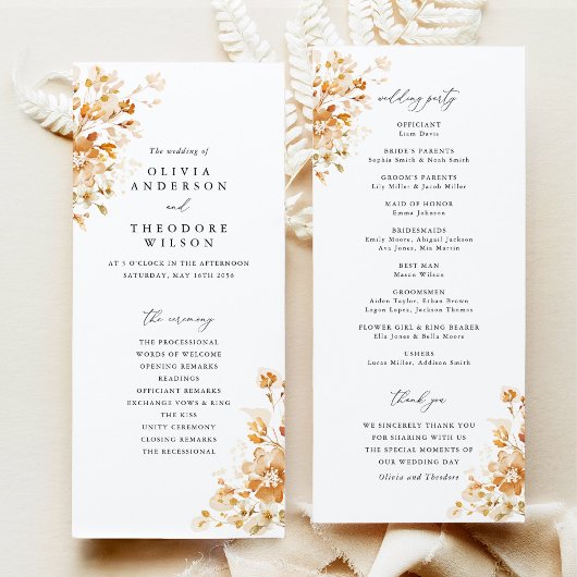 Terracotta Floral Elegant Wedding Ceremony Programmakaart