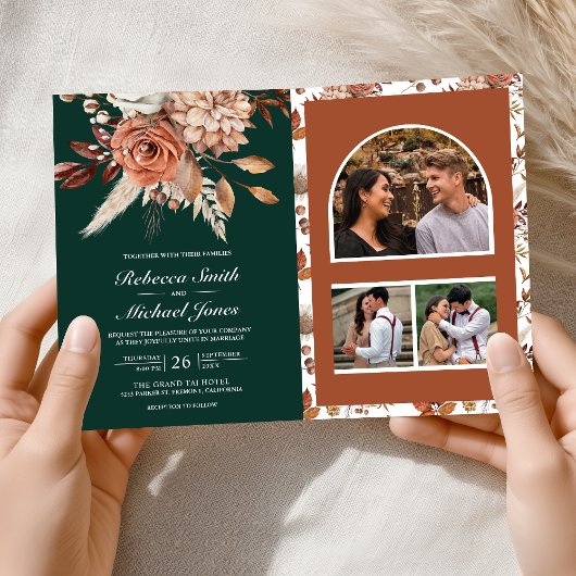 Terracotta Floral Emerald Green QR Code Wedding