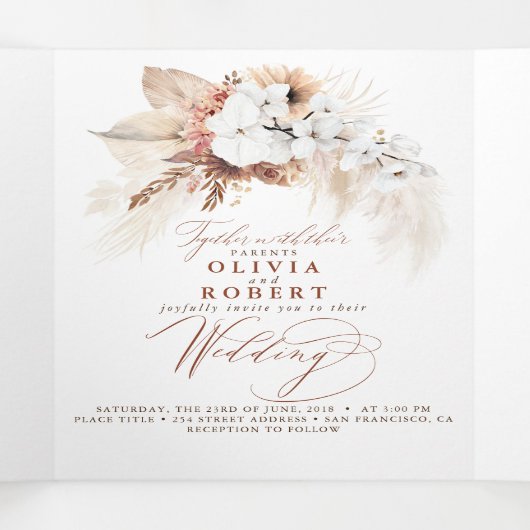 Terracotta Floral Exotic Modern Boho Wedding Drieluik Uitnodiging (Binnenkant midden)