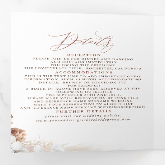 Terracotta Floral Exotic Modern Boho Wedding Drieluik Uitnodiging (Binnenzijde eerst)