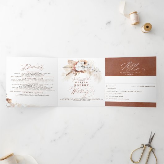 Terracotta Floral Exotic Modern Boho Wedding Drieluik Uitnodiging (Binnen)