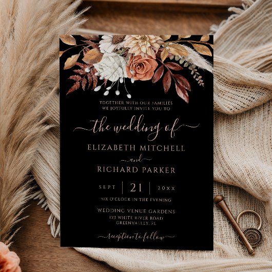 Terracotta Floral Fall Foliage Moody Black Wedding Kaart