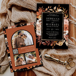Terracotta Floral Foto QR Code Black Weddenschap Kaart