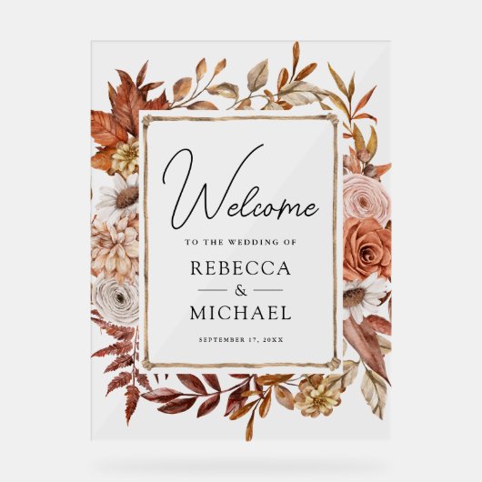Terracotta Floral Frame Wedding Welcome Acryl Bord (Voorkant)