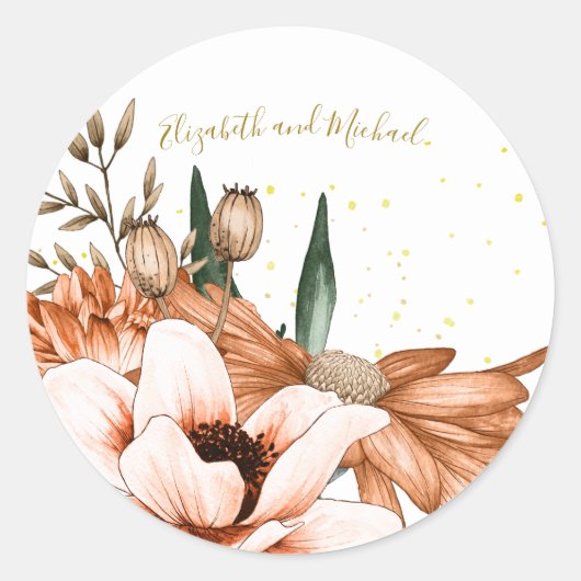 Terracotta Floral Gold Elegant Chic Wedding Ronde Sticker (Voorkant)