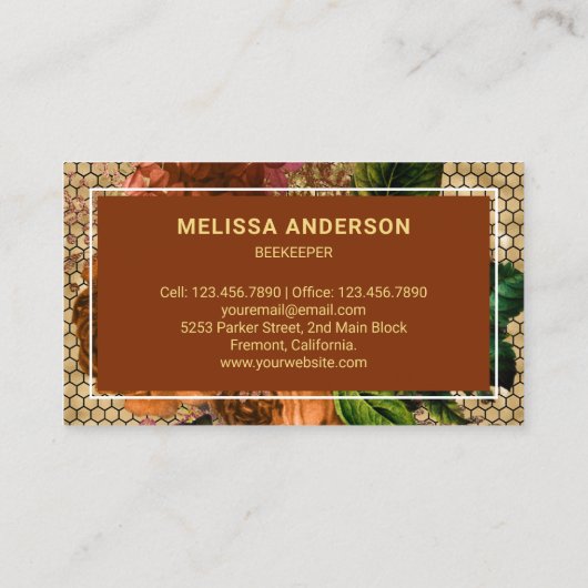 Terracotta Floral Gold Foil Honeycomb Honey Bee Visitekaartje (Achterkant)