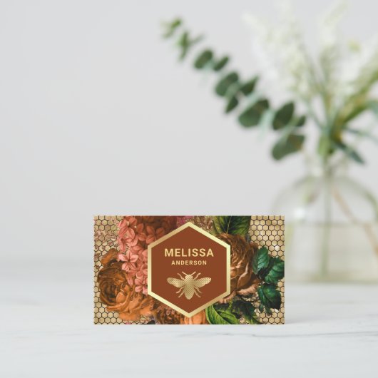 Terracotta Floral Gold Foil Honeycomb Honey Bee Visitekaartje (Staand voorkant)