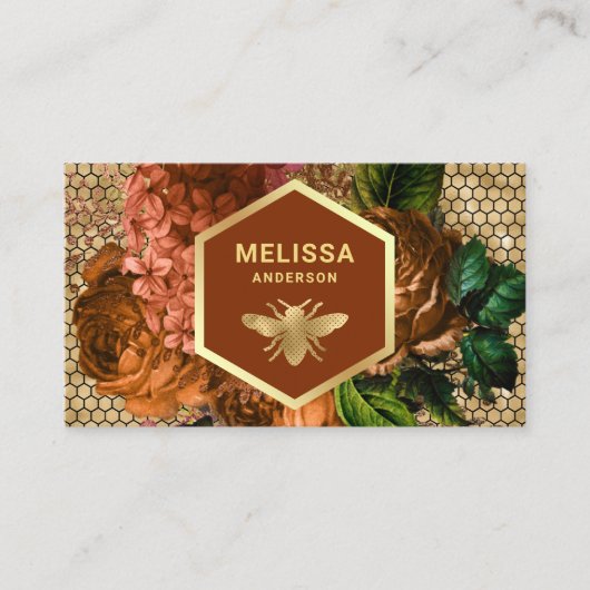 Terracotta Floral Gold Foil Honeycomb Honey Bee Visitekaartje (Voorkant)