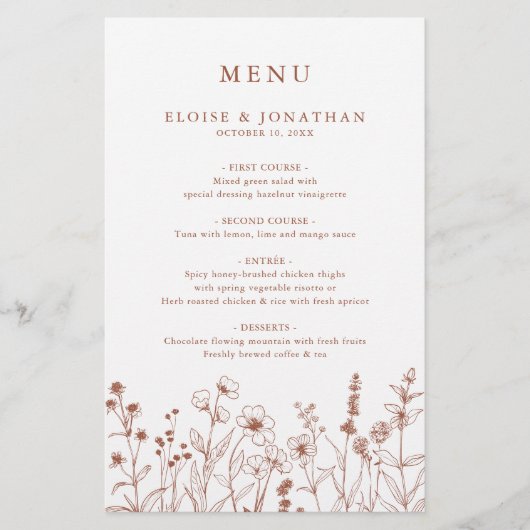 Terracotta Floral Herfst Wildflower Wedding Menu (Voorkant)