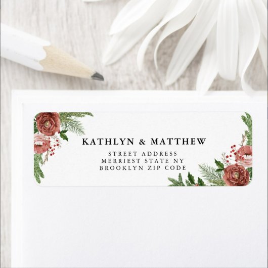 Terracotta Floral kerstbruiloft Return Address Etiket