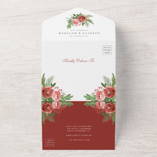 Terracotta Floral kerstfeest winterhuwelijk All In One Uitnodiging (Buitenkant)