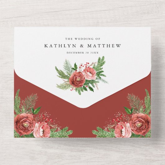 Terracotta Floral kerstfeest winterhuwelijk All In One Uitnodiging (Achterkant)