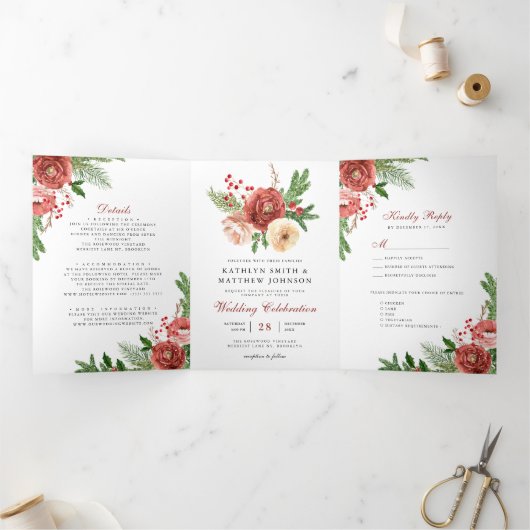 Terracotta Floral kerstfeest winterhuwelijk Drieluik Uitnodiging (Binnen)