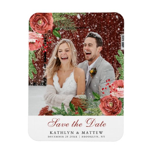 Terracotta Floral Kerstmis Pine Bough Wedding Magneet (Verticaal)