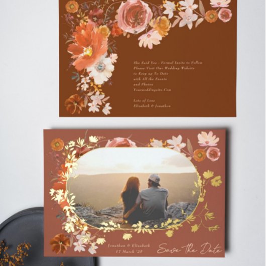 Terracotta Floral Lijst Photo Save the Date Gold Folie Uitnodiging