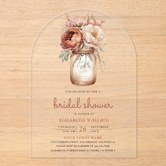 Terracotta Floral Mason Jar Bridal Shower Acryl Uitnodigingen (Voorkant)