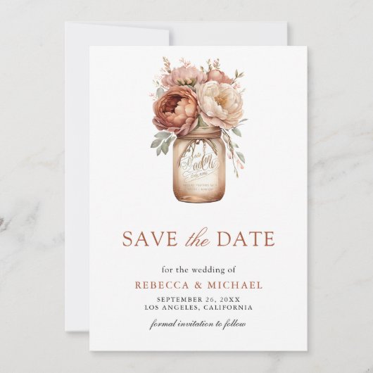 Terracotta Floral Mason Jar foto bruiloft Save The Date (Voorkant)