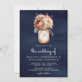 Terracotta Floral Mason Jar Navy QR Code Weddensch Kaart (Voorkant)