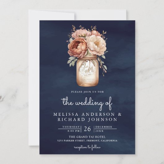 Terracotta Floral Mason Jar Navy QR Code Weddensch Kaart (Voorkant)