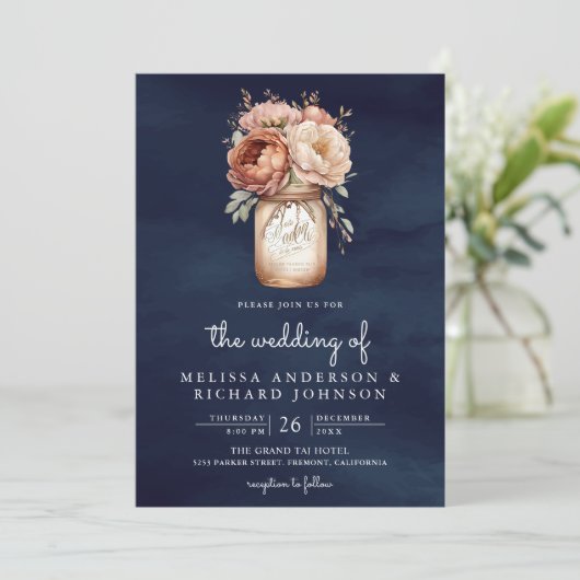 Terracotta Floral Mason Jar Navy QR Code Weddensch Kaart (Staand voorkant)