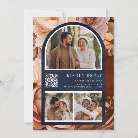 Terracotta Floral Mason Jar Navy QR Code Weddensch Kaart (Achterkant)