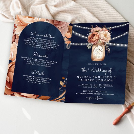 Terracotta Floral Mason Jar Navy QR Code Wedding