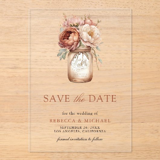 Terracotta Floral Mason Jar Wedding Save the Date Acryl Uitnodigingen (Voorkant)