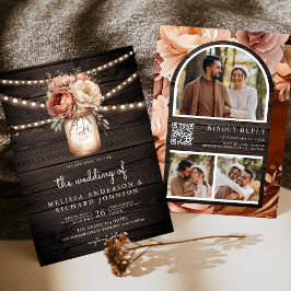 Terracotta Floral Mason Jar Wood QR Code Weddensch Kaart