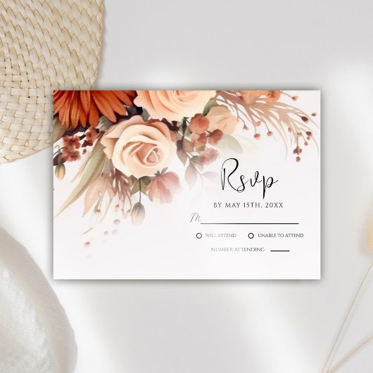 Terracotta Floral Modern Botanical Wedding RSVP Kaartje