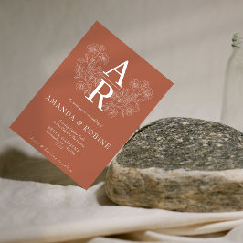 Terracotta Floral Monogram Huwelijksuitnodiging Kaart