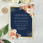 Terracotta Floral Navy Blue Gold Wedding Acryl Uitnodigingen