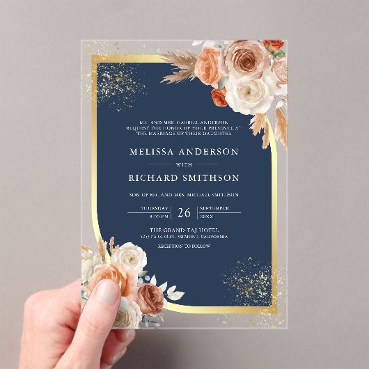 Terracotta Floral Navy Blue Gold Wedding Acryl Uitnodigingen (Insitu (Draagbaar))