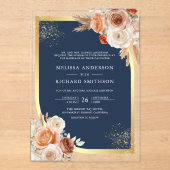Terracotta Floral Navy Blue Gold Wedding Acryl Uitnodigingen (Voorkant)
