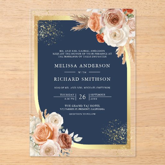 Terracotta Floral Navy Blue Gold Wedding Acryl Uitnodigingen (Voorkant)