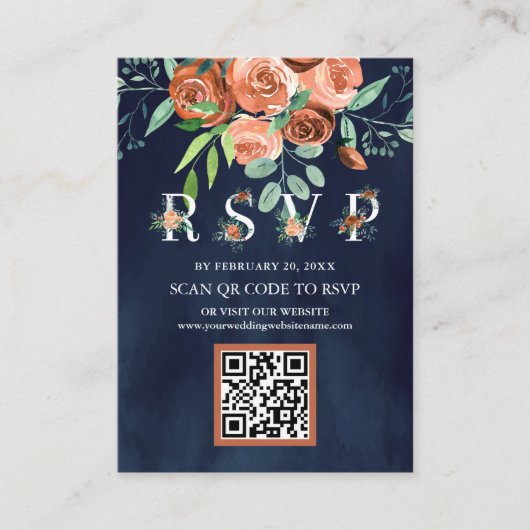 Terracotta Floral Navy Blue QR Code RSVP Weddensch Informatiekaartje (Voorkant)