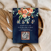 Terracotta Floral Navy Blue QR Code RSVP Weddensch Informatiekaartje